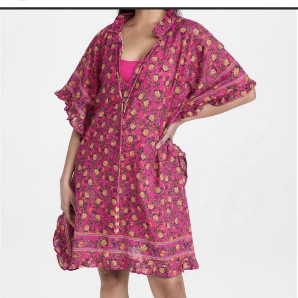 Farm Rio Pineapple Print Beach Cover-Up Tunic Poncho Magenta Tassel NWT Sz S